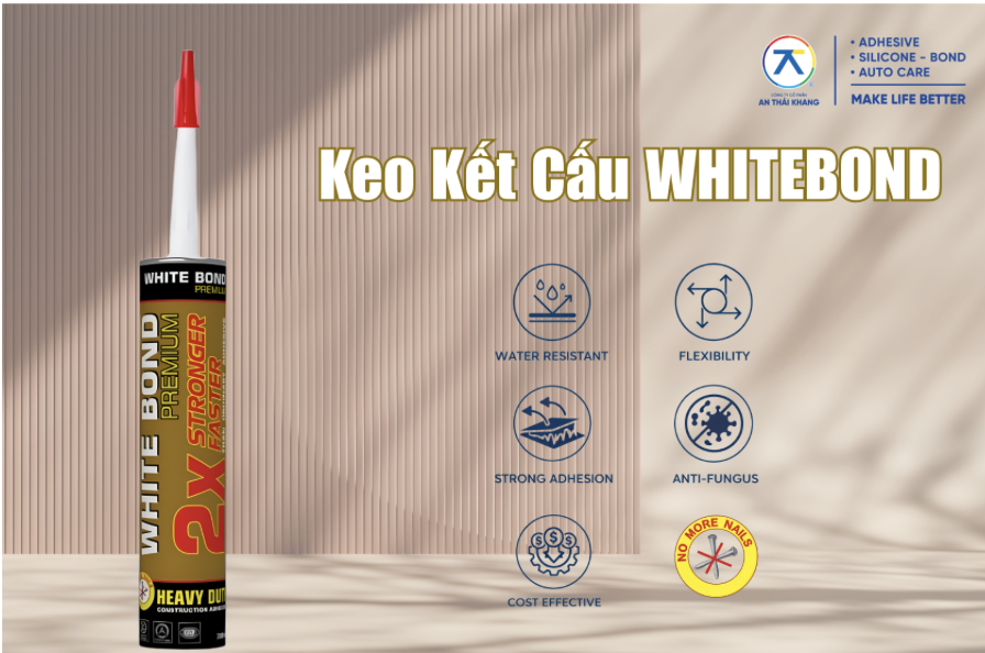 Keo kết cấu Whitebond của An Thái Khang là keo thế đinh ngoại thất có độ bám dính cao, dùng để dán bảng hiệu và vật liệu như kim loại, nhựa PVC, gỗ và bê tông.