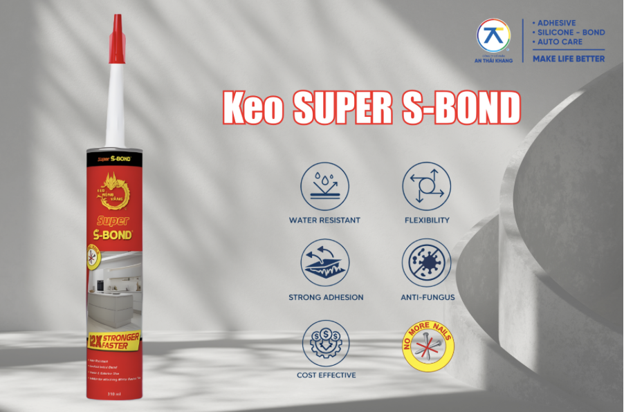 Keo Super S-Bond của An Thái Khang là keo thế đinh ngoại thất có độ bám dính mạnh, dùng cho dán bảng hiệu và cố định vật liệu trang trí.