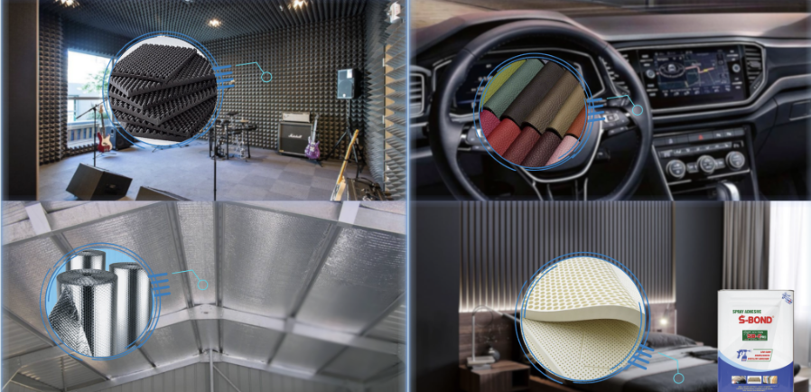 Ứng dụng keo phun SB8 Pro trong sản xuất sofa, laminate và nội thất.