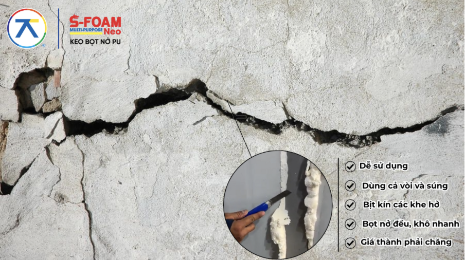 Keo bọt nở S-Foam Neo của An Thái Khang dùng trám khe nứt tường với khả năng khô nhanh, cách nhiệt tốt và thi công dễ dàng.