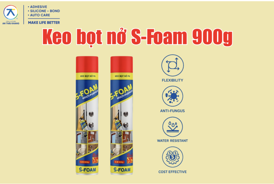 Keo bọt nở S-Foam 900g của An Thái Khang dùng trám khe trong xây dựng với khả năng chống nước, chống nấm mốc và độ đàn hồi cao.