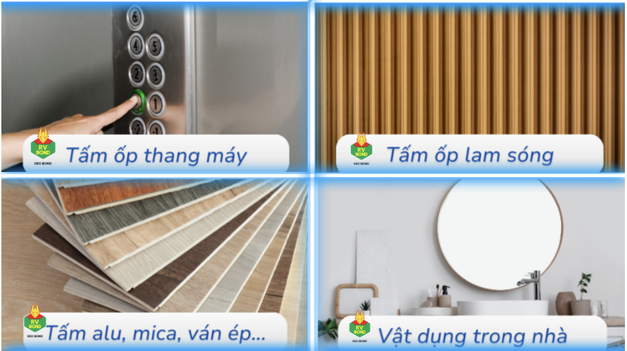 Mô tả ứng dụng keo dán đồ vật lên tường trong nội thất, có thể thay thế đinh vít để dán móc treo, kệ, gương, tấm trang trí và nhiều vật liệu như gỗ, kim loại, nhựa.