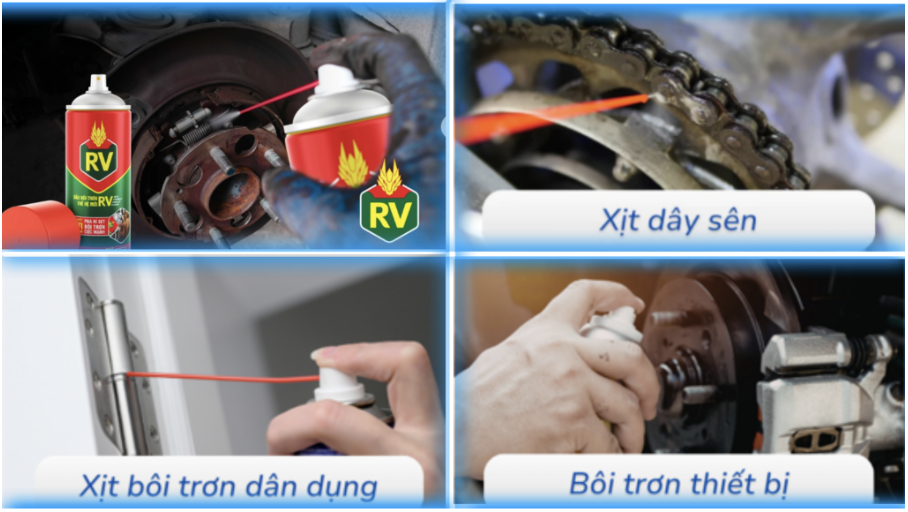 Ứng dụng dầu RV bôi trơn bản lề, dây sên, ổ khóa và thiết bị kim loại.