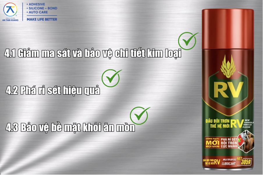 Dầu xịt bôi trơn RV giúp giảm ma sát, phá rỉ sét và bảo vệ bề mặt kim loại trong quá trình bảo dưỡng thiết bị.