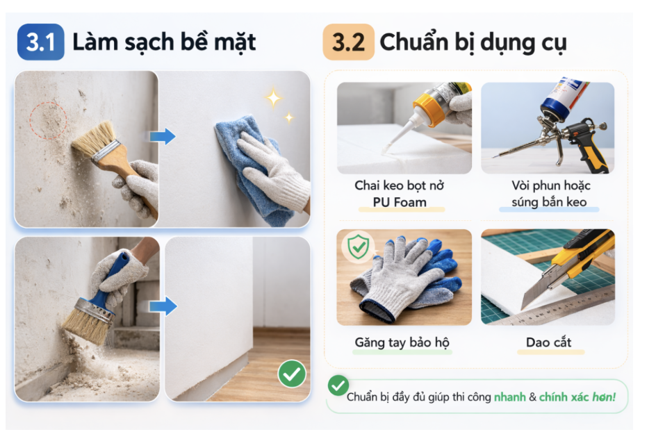 Hướng dẫn chuẩn bị trước khi sử dụng keo bọt nở PU Foam gồm làm sạch bề mặt và chuẩn bị dụng cụ thi công.
