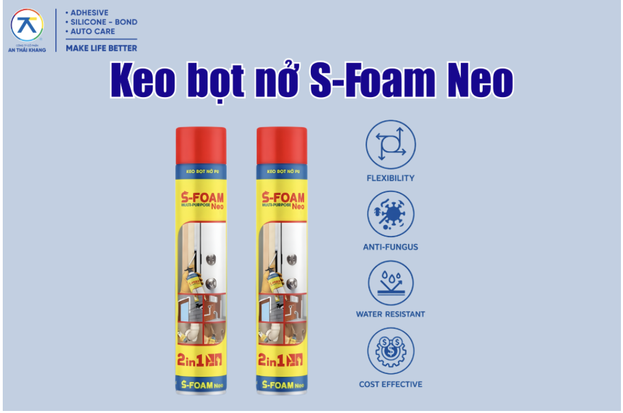 Keo bọt nở S-Foam Neo dùng trám khe hở, có độ nở ổn định, khô nhanh và phù hợp thi công nội thất.