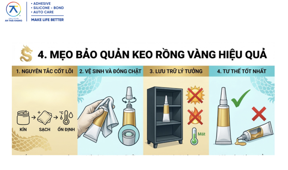 Mẹo bảo quản keo rồng vàng hiệu quả: giữ kín, vệ sinh đầu keo, lưu trữ nơi mát và đặt đúng tư thế.