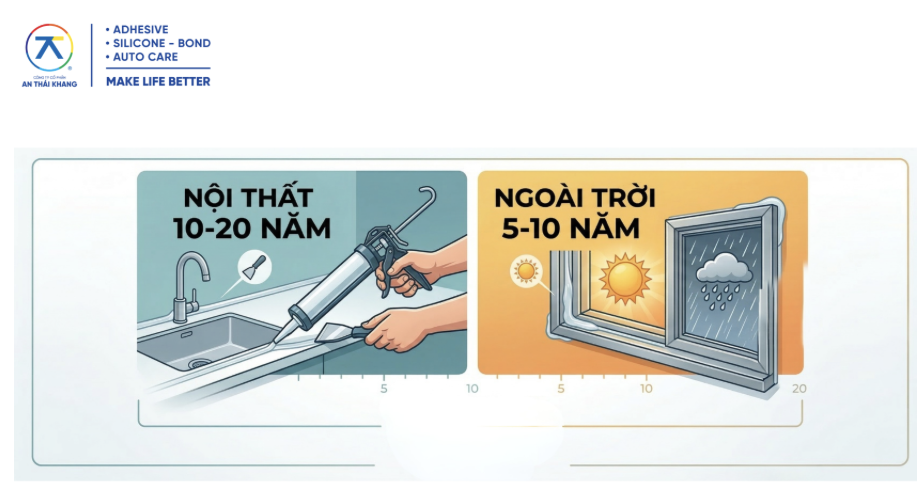 Minh họa độ bền của keo silicone trong môi trường nội thất và ngoài trời theo thời gian sử dụng thực tế.