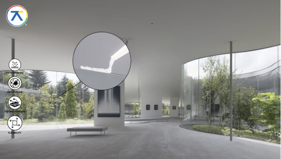 Hình ảnh minh họa keo silicone dùng trong không gian nội thất, phù hợp cho dán kính và xử lý khe hở.