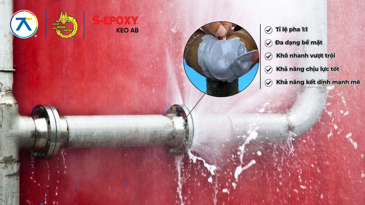 Keo AB 2 thành phần S-Epoxy của An Thái Khang dùng để trám kín đường ống kim loại, bám dính mạnh và chịu lực tốt trên nhiều vật liệu.