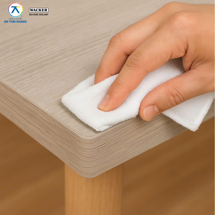 Lau sạch mép bàn bằng khăn để chuẩn bị bề mặt trước khi bơm keo silicone