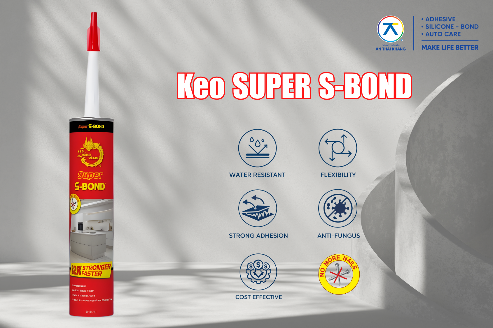 Keo Super S-Bond của An Thái Khang là keo thế đinh ngoại thất có độ bám dính mạnh, dùng cho dán bảng hiệu và cố định vật liệu trang trí.