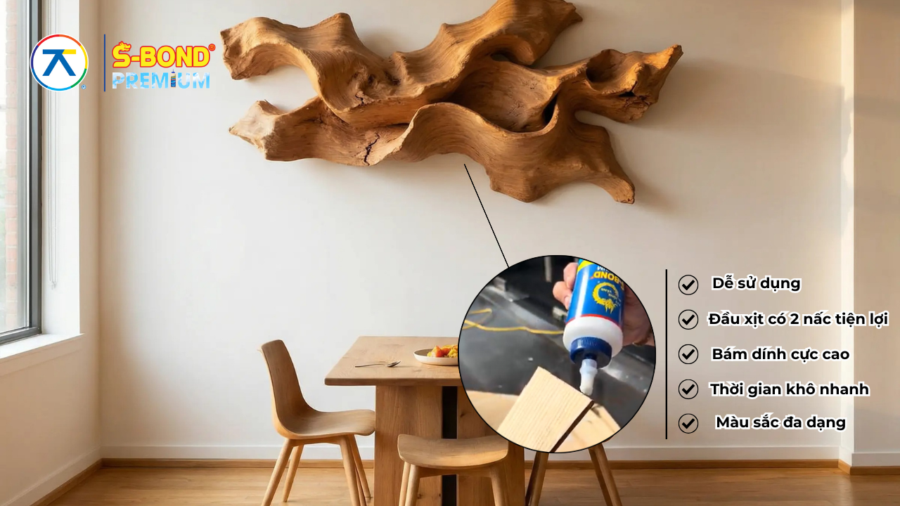 Ứng dụng keo dán gỗ S-Bond Premium của An Thái Khang trong thi công nội thất gỗ với độ bám dính cao và khô nhanh.